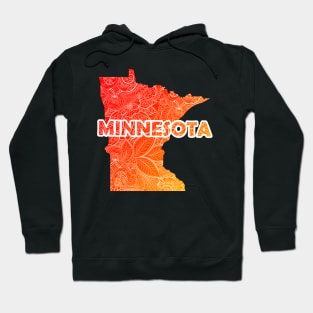 Colorful mandala art map of Minnesota with text in red and orange Hoodie
